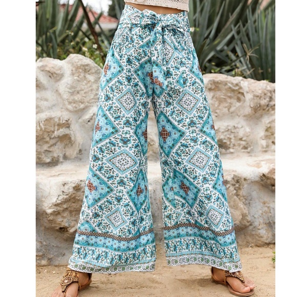 Boho Mint Tribal Print Stretchy Waist Tie Wide leg Pants